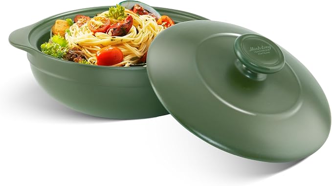 MINH LONG 2-Qt Porcelain Dutch Oven Pot with Lid – Non Toxic Clay Pot for Cooking on Gas & Infrared Cooktop, Lead & Cadmium Free, Oven Safe to 482°F, Heat Retention, Use to Marinate, Cook, Bake, Refrigerate & Serve