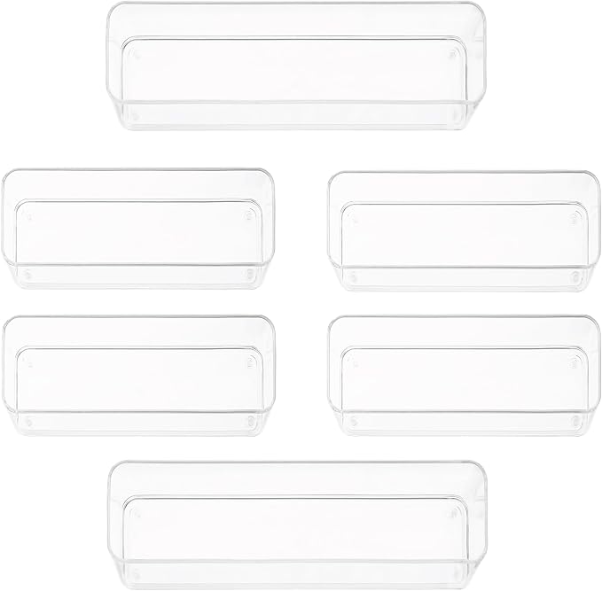 primebox Six Pcs. Plastic Clear Drawer Organizers. Stackable Storage Trays for Kitchen Utensils and Silverware. 2 Sizes. Stackable