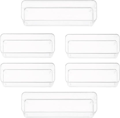 primebox Six Pcs. Plastic Clear Drawer Organizers. Stackable Storage Trays for Kitchen Utensils and Silverware. 2 Sizes. Stackable