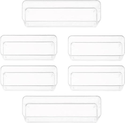 primebox Six Pcs. Plastic Clear Drawer Organizers. Stackable Storage Trays for Kitchen Utensils and Silverware. 2 Sizes. Stackable