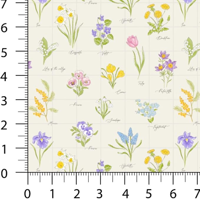 Patchwork Fabric Panel 100x155 cm, 100% Cotton Satin, 6 Coordinated Spring Floral & Bird Patterns, Soft Green Pastel Quilting & Sewing Fabric (Spring Garden, 6pcs 50x50cm)