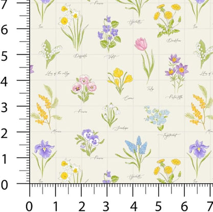 Patchwork Fabric Panel 100x155 cm, 100% Cotton Satin, 6 Coordinated Spring Floral & Bird Patterns, Soft Green Pastel Quilting & Sewing Fabric (Spring Garden, 6pcs 50x50cm)
