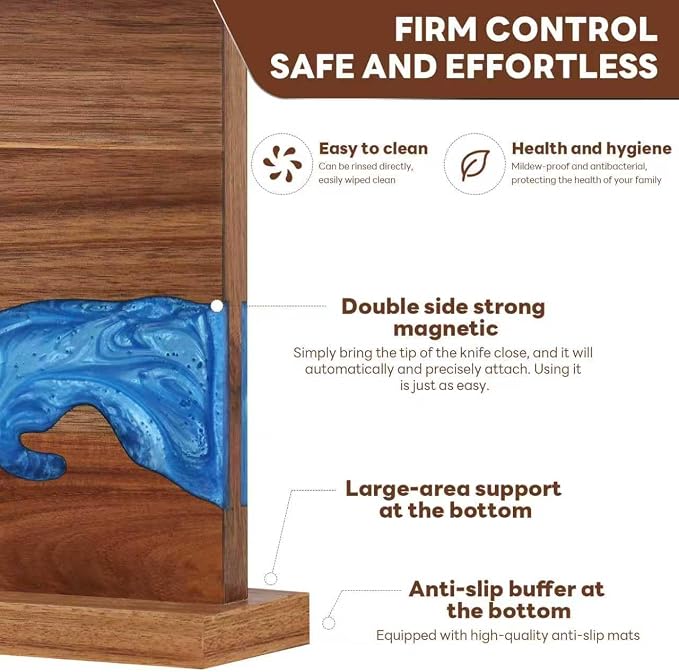 Magnetic Knife Block | Double Sided Magnetic Knife Holder | Acacia Wood Magnetic Knife Rack | Magnetic Knife Storage Stand for Kitchen Counter, Blue Resin River, 12.59×9.84IN (No Knife)