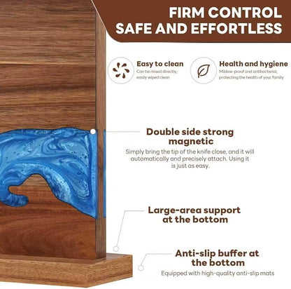 Magnetic Knife Block | Double Sided Magnetic Knife Holder | Acacia Wood Magnetic Knife Rack | Magnetic Knife Storage Stand for Kitchen Counter, Blue Resin River, 12.59×9.84IN (No Knife)