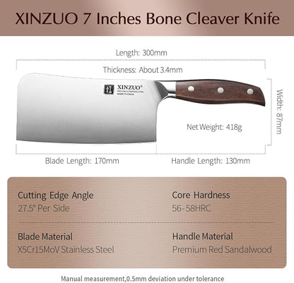 XINZUO 7 Inches Bone Cleaver Knife,Heavy Duty Bone Chopper, Butcher Cutting Knife for Professional Chefs and Home Cooking,Ultra Sharp, Red Sandalwood Handle