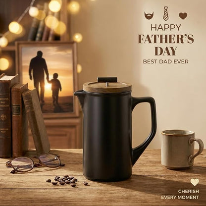 Ceramic French Press Coffee Maker, 22oz Single Serve Coffee Press with Walnut Wood Lid, Lead-Free, Food Grade Stainless Steel Filter with Dual Screen for Coffee and Loose Tea, Black