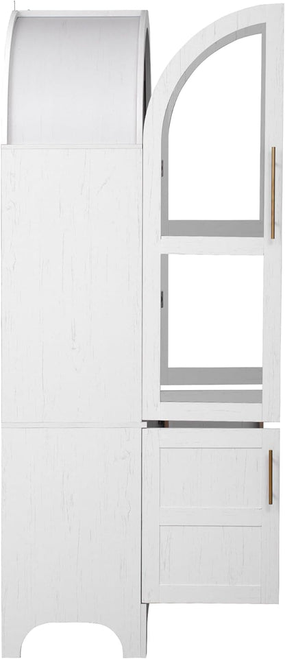 VilroCaz 71" Tall Arched Kitchen Pantry with Glass Doors and a Large Drawer, Farmhouse Kitchen Storage Cabinet with Open & Adjustable Shelves, Cupboard for Dining Room (White-6.4)