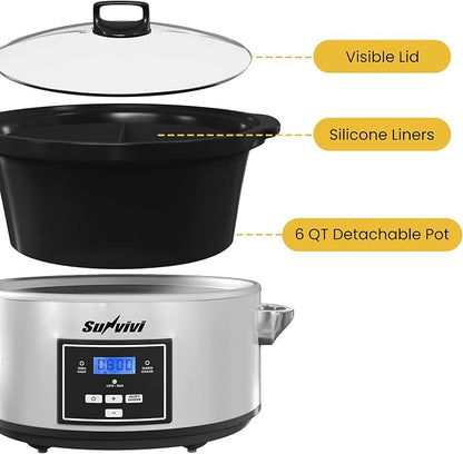 Programmable Slow Cooker, Multi-Cooker with 2 in 1 Silicone Slow Cooker Liners, 6 QT Food Warmer with Digital Timer, 3 Adjustable Temp & Dishwasher Safe Parts, Stainless Steel, Silver