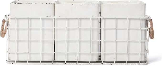 NIKKY HOME Farmhouse 3 Compartment Flatware Cutlery Caddy Countertop Silverware Holder for Spoons, Knives, Forks - White