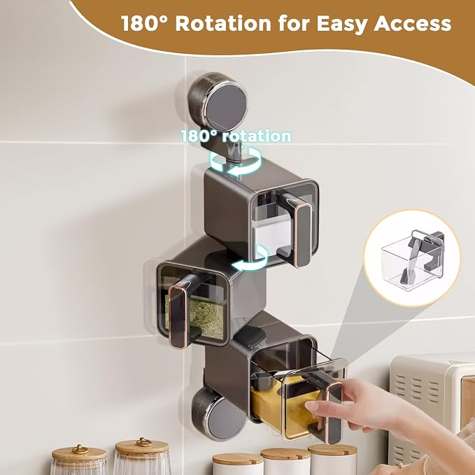 Suction Cup Seasoning Holder, Wall Mounted Seasoning Organizer, Suction Seasoning Box with Spoon, 180° Rotatable Spice Rack, Sealed Moisture-Proof, Space Saving Kitchen Spice Storage Rack (1pc, GREY)
