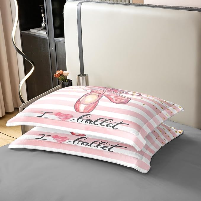 Ballet Shoes 100% Natural Cotton Duvet Cover Set King Size Pink White Stripes Comforter Cover with 2 Pillowcases Glitter Polka Dot Pattern Bedding Set for Bedroom Birthday Gifts(No Filler)