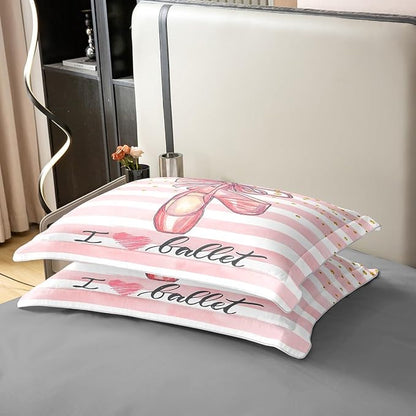 Ballet Shoes 100% Natural Cotton Duvet Cover Set King Size Pink White Stripes Comforter Cover with 2 Pillowcases Glitter Polka Dot Pattern Bedding Set for Bedroom Birthday Gifts(No Filler)