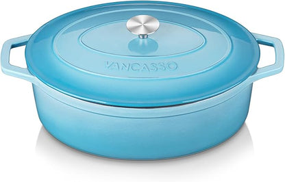 vancasso Enameled Cast Iron Dutch Oven, 9.3 Quart Dutch Oven Pot with Lid, Oval Dutch Oven Cast Iron Pot with Non Stick Coating for Bread Baking, Light Blue