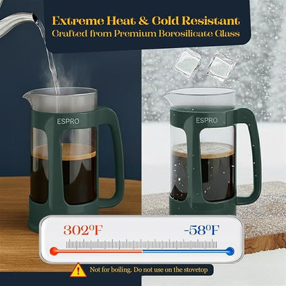 ESPRO Light P3 French Press Coffee Maker – Patented Double Micro-Filter for Grit-Free Brew, Heat Resistant thicker Borosilicate Glass Coffee press – (Green - 32 oz)