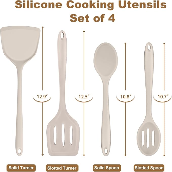 TeamFar Cooking Utensils Set of 4, Silicone Kitchen Utensils, Solid & Slotted Spoons Turners for Cooking/Serving/Frying, Healthy & Seamless Design, Heat-Resistant & Non-Scratch, Dishwasher Safe, Khaki