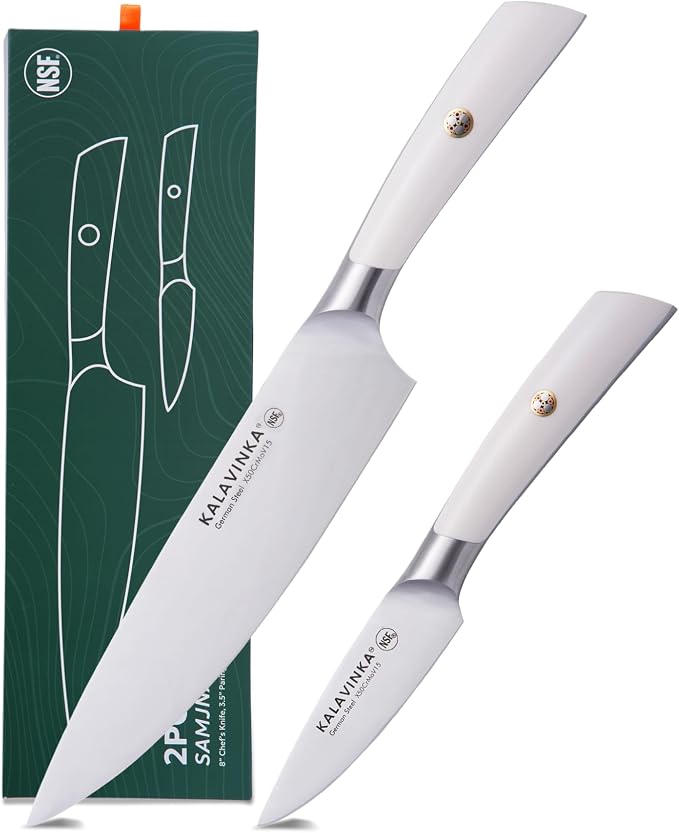 Professional Chef Knife 8 Inch, German Steel for Slicing and Chopping, Rust-Resistant Kitchen Knife with Bonus Paring Knife, Summer Entertaining (SAMJNA)