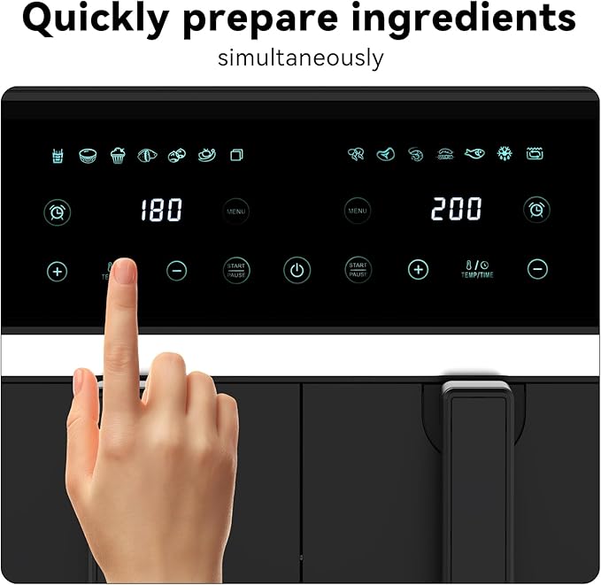 4QT+4QT Dual Basket Air Fryer - Digital Touchscreen, Smart Sync Finish,Auto Shutoff, 2 Independent Nonstick Dishwasher-Safe Frying Baskets - 8 Quart Digital Double Air Fryer