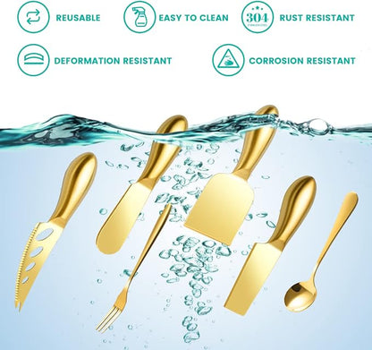 LifeMusican Gold Cheese Knife Set For Charcuterie Board Accessories, Stainless Steel Cheese Slicer And Butter Spreader knives Kit With Serving Tongs, Spoons, Forks, Flags Cheese Markers, Honey Dipper