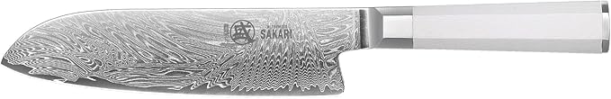 MITSUMOTO SAKARI 7-Inch VG-Pro Damascus Santoku Knife, Hand Forged Professional Japanese Chef Knife, Ergonomic G10 Handle & Sandalwood Box