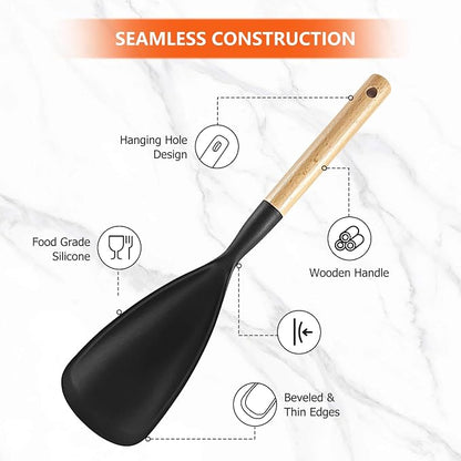 Silicone Spatula Spoon Wood Handle BPA-Free Nonstick Safe - Cooking Spoons, Cooking Spoon, Silicone Cooking Spoons, Spoon Spatula Mixing Scooping Scraping (Black & Grey) 12.6 Inch