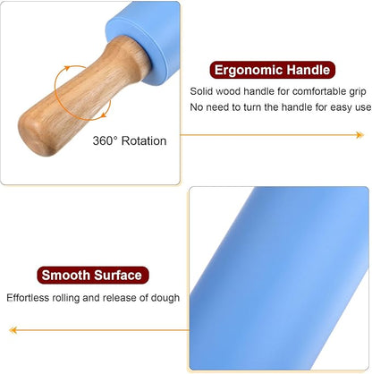 HARFINGTON Silicone Rolling Pins for Baking 17 Inch Wooden Handle Non Stick Rolling Pin Small Roller Playdough Rolling Pins for Dough Pizza Pastry Fondant Kitchen, Blue