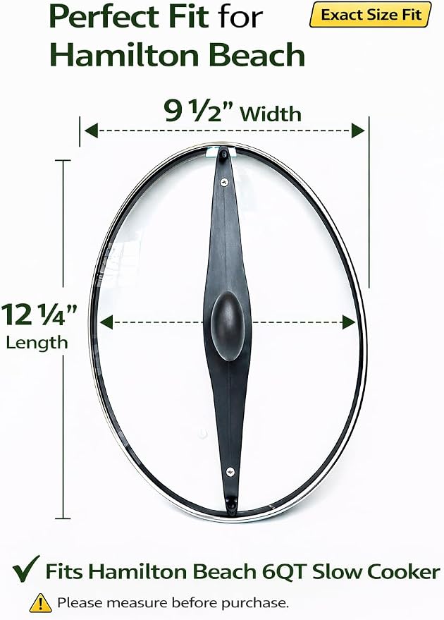 Oval Glass Lid Replacement for 6 Quart Hamilton Beach Slow Cooker, Compatible with Models 33969A 33861 33261 33866, Tempered Glass Crock Pot Lid with Heat-Resistant Handle