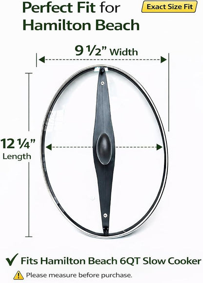 Oval Glass Lid Replacement for 6 Quart Hamilton Beach Slow Cooker, Compatible with Models 33969A 33861 33261 33866, Tempered Glass Crock Pot Lid with Heat-Resistant Handle
