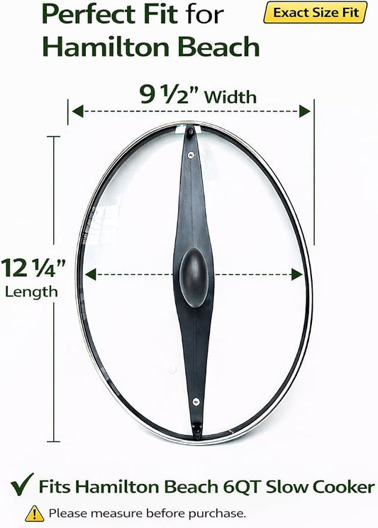 Oval Glass Lid Replacement for 6 Quart Hamilton Beach Slow Cooker, Compatible with Models 33969A 33861 33261 33866, Tempered Glass Crock Pot Lid with Heat-Resistant Handle