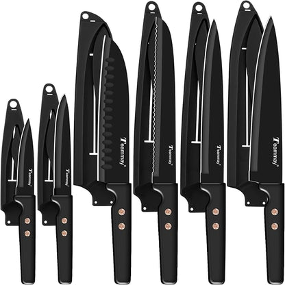 12-Piece Kitchen Knife Set, Stainless Steel Knives with Non-Stick Coating, Dishwasher Safe, Black Knife Set with Rose Gold Rivets 6 Blade Guards, Perfect for Home Chefs Cooking Enthusiasts