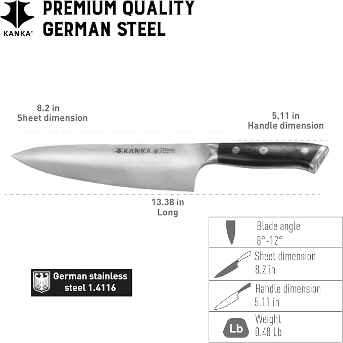 KANKA Professional 8 inch Chef Knife – High Grade 1.4116 Stainless Steel, Ultra-Premium G-10 Fiberglass Handle, Premium Wood Sheath Included – Essential Kitchen Knife for Chefs