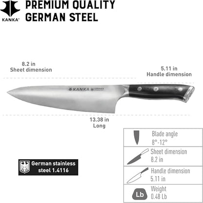 KANKA Professional 8 inch Chef Knife – High Grade 1.4116 Stainless Steel, Ultra-Premium G-10 Fiberglass Handle, Premium Wood Sheath Included – Essential Kitchen Knife for Chefs