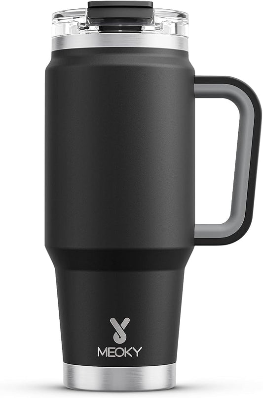 Meoky 32 oz Tumbler with Handle, Insulated Tumbler with Lid and Straw, Stainless Steel Travel Mug, Keeps Cold for 24 Hours, 100% Leak Proof, Fits in Car Cup Holder (Night)