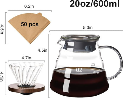 gegewawa Pour Over Coffee Maker Set 20 OZ, Borosilicate Glass Coffee Server with 50 pcs Paper Filter, Pour Over Coffee Dripper Carafe for Home Cafe Restaurant Camping