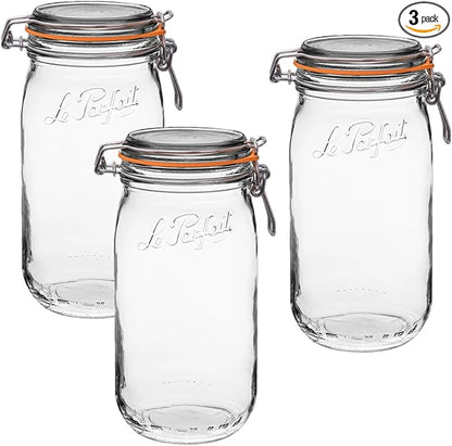 Le Parfait Super Jar 1.5L (48oz) French Glass Preserving Jar w/Airtight Rubber Seal & Wire Bail Closure - BPA-Free Canning Jar for Pickles, Fruit, Sauce & Food Storage - Made in France Since 1930 3PK