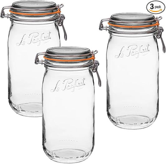 Le Parfait Super Jar 1.5L (48oz) French Glass Preserving Jar w/Airtight Rubber Seal & Wire Bail Closure - BPA-Free Canning Jar for Pickles, Fruit, Sauce & Food Storage - Made in France Since 1930 3PK