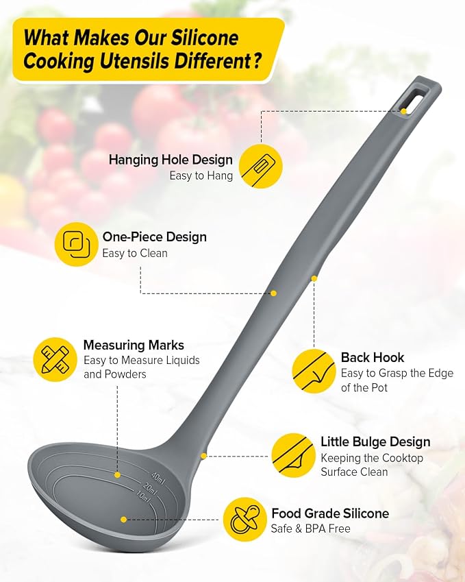 Silicone Pasta Fork and Soup Ladle Set, Heat Resistant Non Stick Kitchen Utensils with Back Hooks, Suitable for Cooking, Stirring, Serving Spaghetti, Soup, Sauce (GRAY)