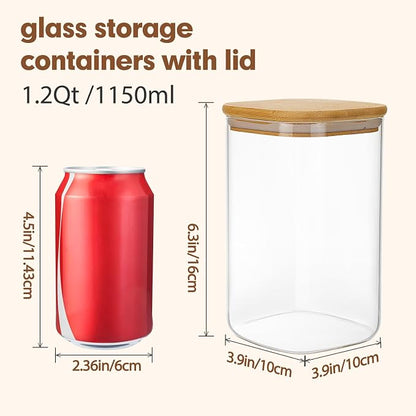 Moretoes 6 Pack 1.2qt Square Glass Storage Containers with Bamboo Press Lids, Airtight Pantry Storage Jars for Flour, Sugar, Dry Goods