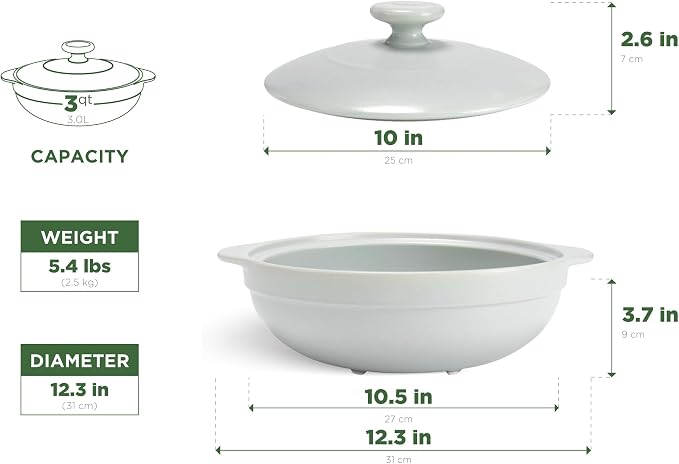 MINH LONG 3-Qt Porcelain Dutch Oven Pot with Lid, Lead & Cadmium Free, Oven Safe Casserole Dish with Lid, Clay Pot for Cooking on Gas & Infrared Cooktop, Use to Marinate, Cook, Bake, Refrigerate & Serve
