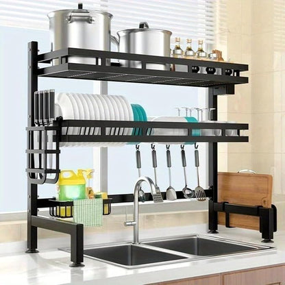 3-Tier Over Sink Dish Draining Rack Adjustable Width and Height with Phone Holder Cup Holder, Knife and Chopstick Holder, Cutting Board Rack, Space-Saving Rack