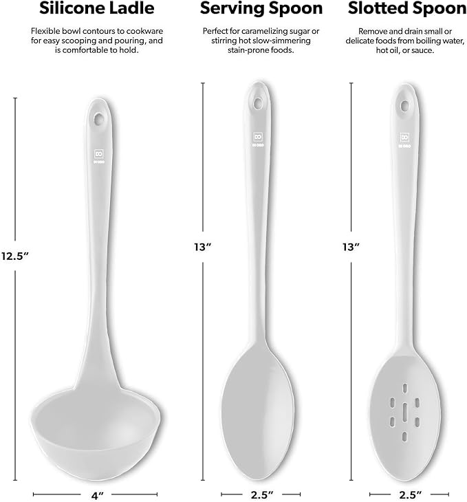 DI ORO Silicone Ladle & Spoons for Cooking – Large Kitchen Spoons for Mixing, Serving, & Stirring - Soup Ladle with Wide Bowl - High Heat Silicone Kitchen Utensils for Nonstick Cookware Safe (Stone)