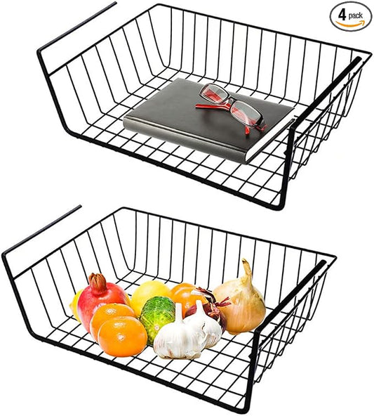 Under Shelf Storage Basket, Hanging shelf basket Slides Under Shelves for Storage Metal Under Cabinet Shelf Basket Organizer Space Saving for Kitchen Pantry Desk Bookshelf (Black Pack of 2)