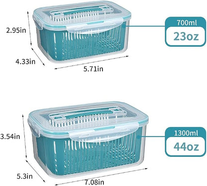 2 Pack Fruit Storage Containers for Fridge,Stackable Fresh Food Produce Saver Containers with Removable Colander, Vegetable Lettuce Keeper Bowl(Blue)