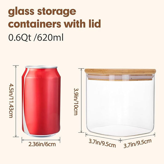 Moretoes 6 Pack 0.6qt Square Glass Storage Containers with Bamboo Lids, Airtight Food Storage Jars for Pantry, Spices, Dry Goods