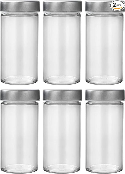 Tianifa 6 Pcs Glass Spice Jars/Bottles for Rotating Spice Rack-3oz Empty round Spice Containers with Airtight Metal Caps with Shaker Lids (6, Stainless Steel Lids)