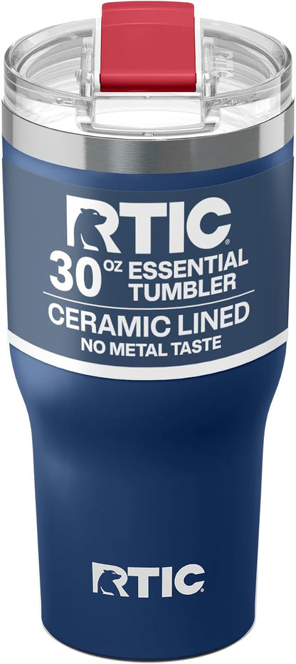 RTIC 30oz Essential Tumbler with Lid, Ceramic Lined, Insulated, Stainless Steel, Metal, Double Wall Vacuum-Insulation, Travel Cup for Iced Coffee, Tea, Hot and Cold Drink, Patriot
