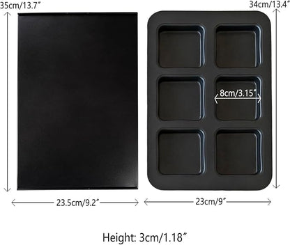 6 Cup Square English Muffin Pan with Lid Straight Side Hamburger Burger Bun Egg Sandwich Frittata Cinnamon Roll Focaccia Quiche Pancake Nonstick Baking Tin Tray Mold