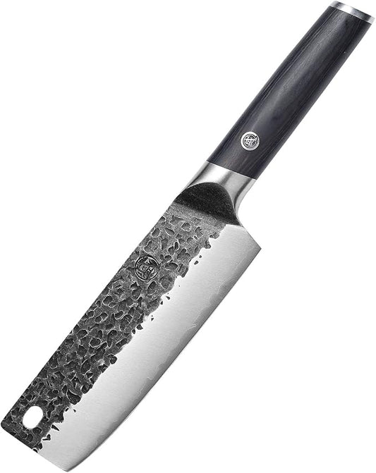MITSUMOTO SAKARI 7-Inch Japanese Nakiri Knife, SKD-11 Steel | Wide 2mm Nakiri blade for vegetable push cuts, 3-layer SKD-11 steel, textured finish, pakkawood handle