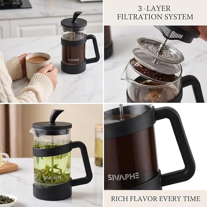 Sivaphe Small French Press 12oz Light-weight Durable High Borosilicate Carafe/Tea Maker Single Serve Coffee Press Frothed Brewer