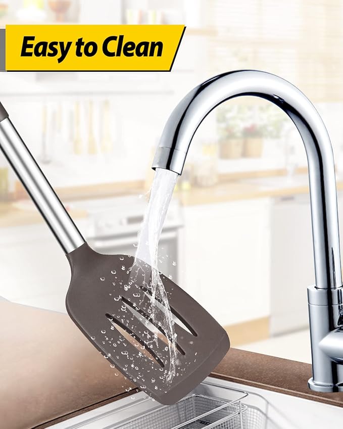 Gray slotted spatula being rinsed under running water from a faucet with 'Easy to Clean' text above.