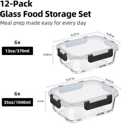 Konokyo Rectangular Glass Food Storage Containers with Lids, 12 Pack Airtight Leakproof Meal Prep Containers, BPA-Free, Microwave Oven Freezer & Dishwasher Safe, Assorted Sizes